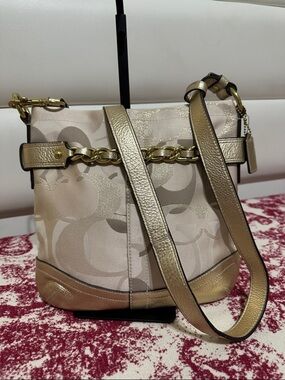 Coach Metallic Gold and Cream Signature Crossbody Shoulder/Crossbody Bag